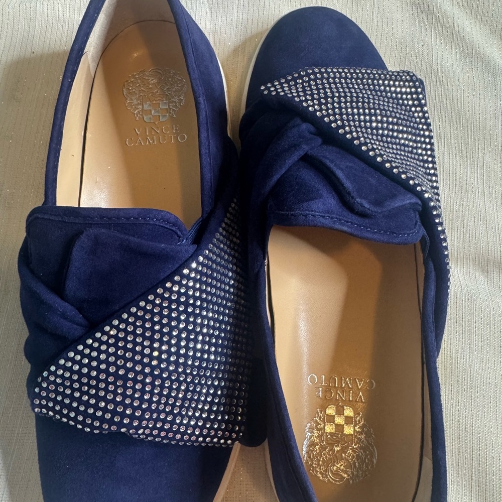 Vince Camuto Blue Suede Slip-on shoes with rhinestone detailing.  Size 9.5W